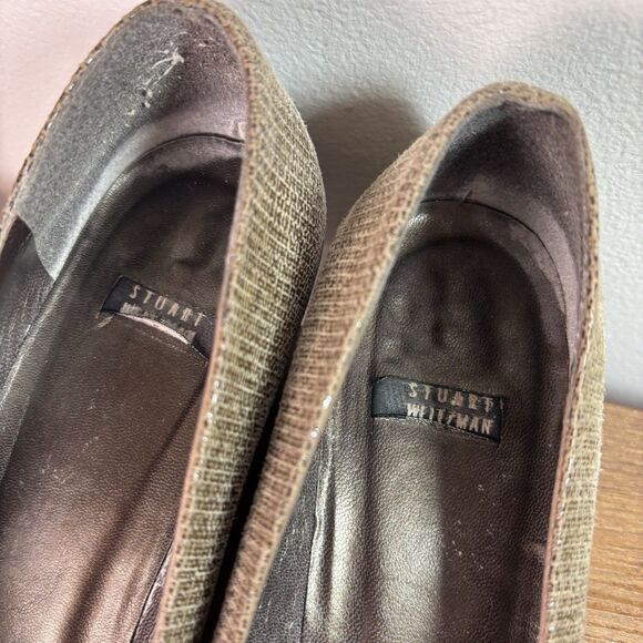 VTG Stuart Weitzman Pumps Sz 8 AA Extra Narrow Beige Gray Square Toe Chunky Heel - Picture 3 of 12